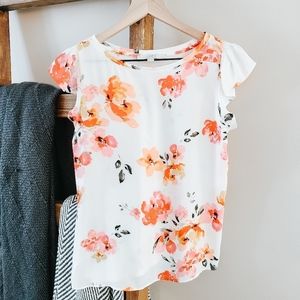 LOFT Pink and White Ruffled Blouse